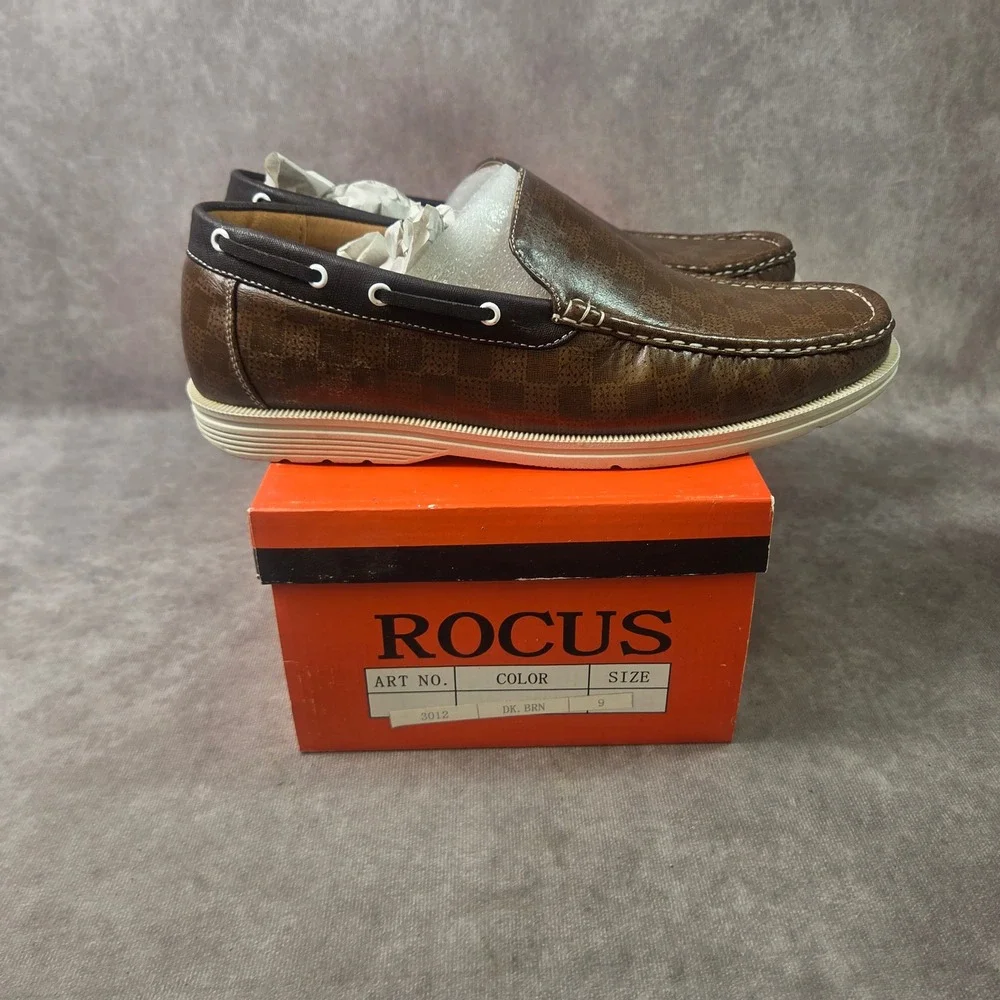 Rocus Mens Boat Shoes Dark Brown Checkered Slip On Loafers Size 9 Art 3012